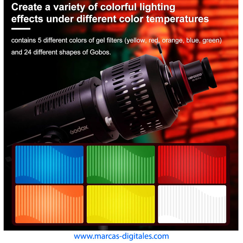 MDG Proyector Snoot Conico Optico con 24 Gobos 5 Colores y Lente 50mm Montura Bowens