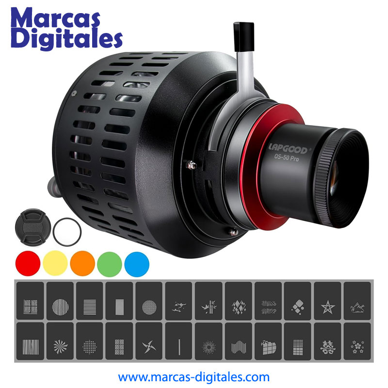 MDG Proyector Snoot Conico Optico con 24 Gobos 5 Colores y Lente 50mm Montura Bowens