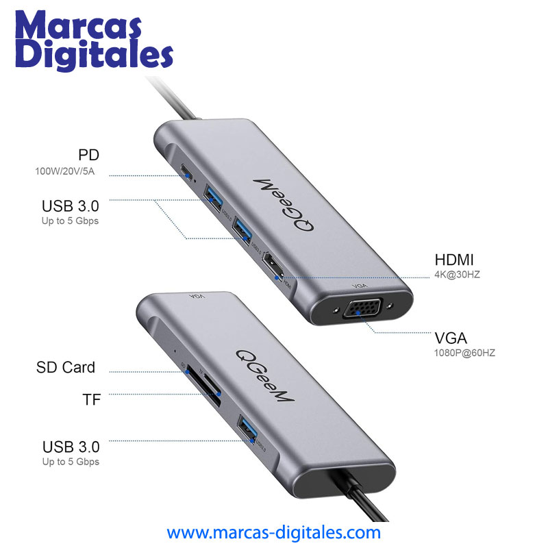 QGeem Hub USB-C 8 en 1 para Macbook, Laptop, PC y Smartphone